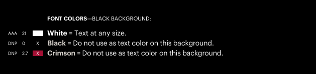 Font colors shown on top of Black background that meet and do not meet Level AA WCAG 2.1 accessibility standards. Text description on page follows.