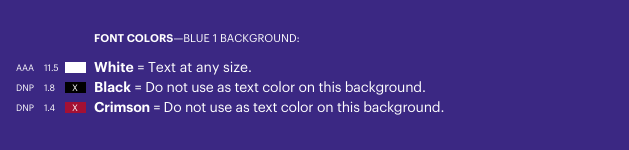 Font colors shown on top of Blue 1 background that meet and do not meet Level AA WCAG 2.1 accessibility standards. Text description on page follows.