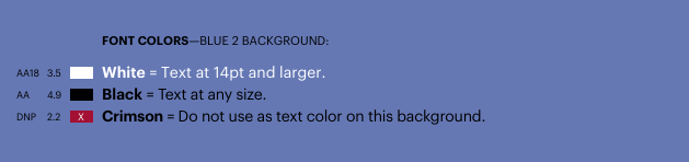 Font colors shown on top of Blue 2 background that meet and do not meet Level AA WCAG 2.1 accessibility standards. Text description on page follows.
