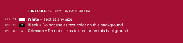 Font colors shown on top of Crimson background that meet and do not meet Level AA WCAG 2.1 accessibility standards. Text description on page follows.
