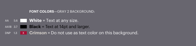 Font colors shown on top of Gray 2 background that meet and do not meet Level AA WCAG 2.1 accessibility standards. Text description on page follows.