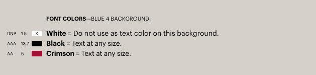 Font colors shown on top of Gray 4 background that meet and do not meet Level AA WCAG 2.1 accessibility standards. Text description on page follows.