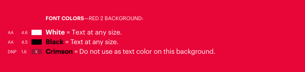 Font colors shown on top of Red 2 background that meet and do not meet Level AA WCAG 2.1 accessibility standards. Text description on page follows.
