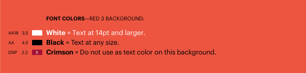 Font colors shown on top of Red 3 background that meet and do not meet Level AA WCAG 2.1 accessibility standards. Text description on page follows.