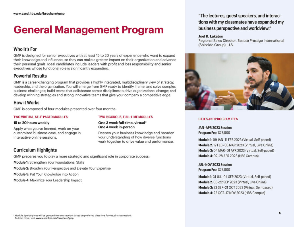 HBS Executive Education General Management Program brochure page with overview and curriculum guide