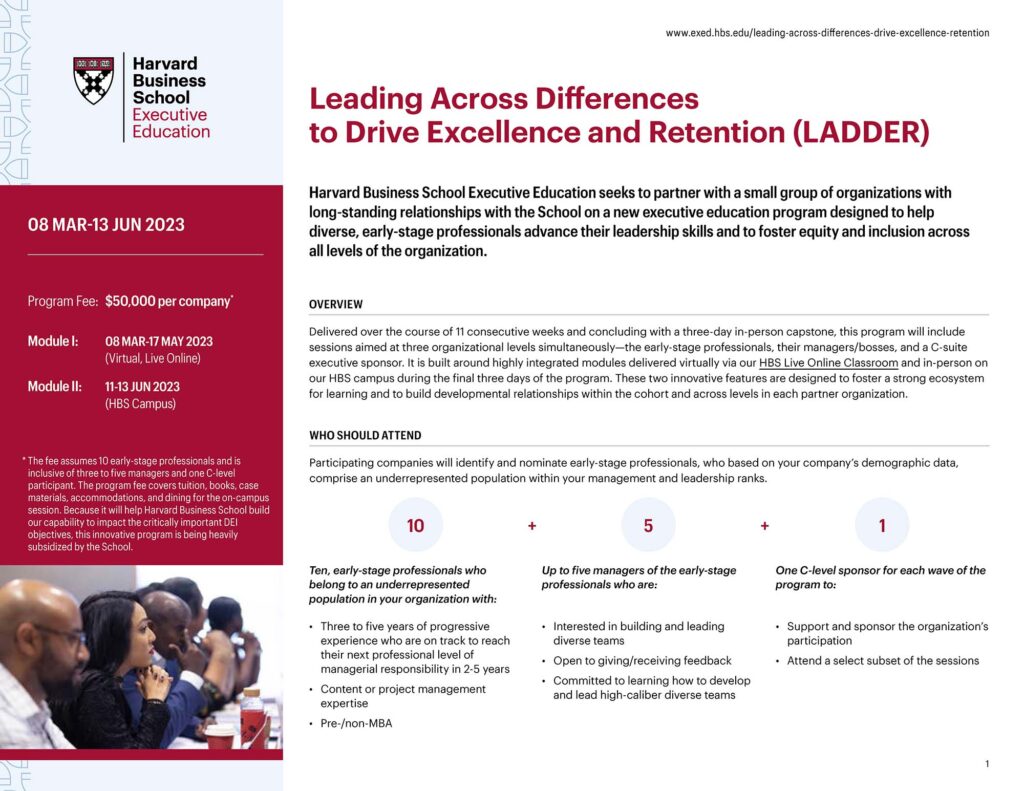 HBS Executive Education Leading Across Differences to Drive Excellence and Retention (LADDER) brochure page with program overview