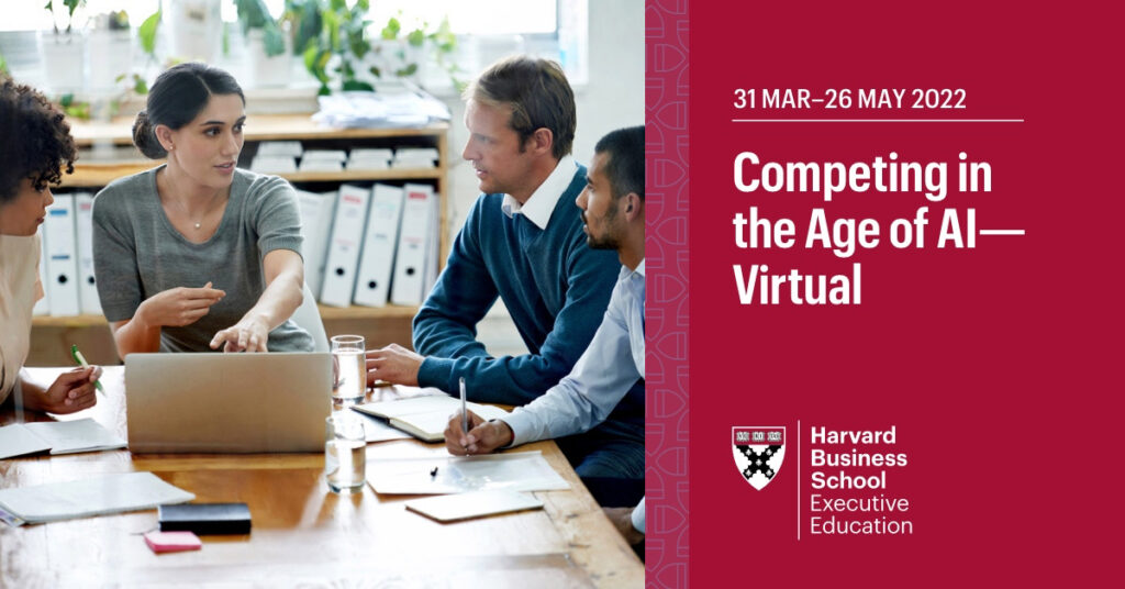 HBS Executive Education Competing in the Age of AI virtual program social ad on crimson background